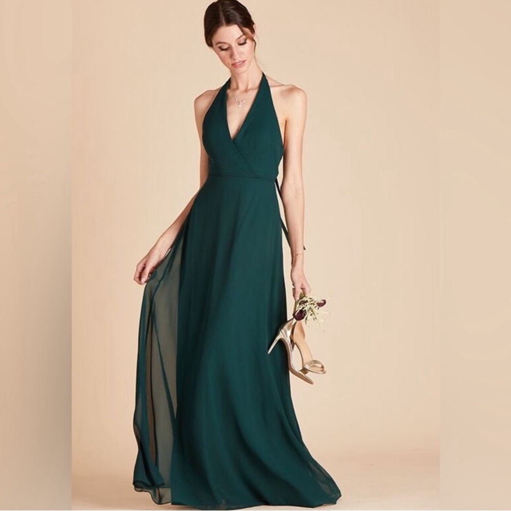 BIRDY GREY Moni Dress Emerald Green Halter V-Neck Chiffon Bridesmaid Small